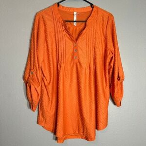NY Collection Tunic Blouse Roll-Tab Sleeve Textured Button Up Orange 1X